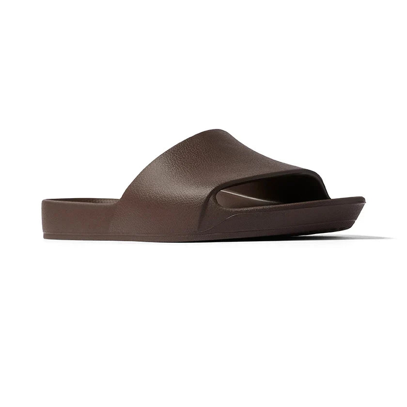 Archies Brown Arch Support Slide — strap front angle