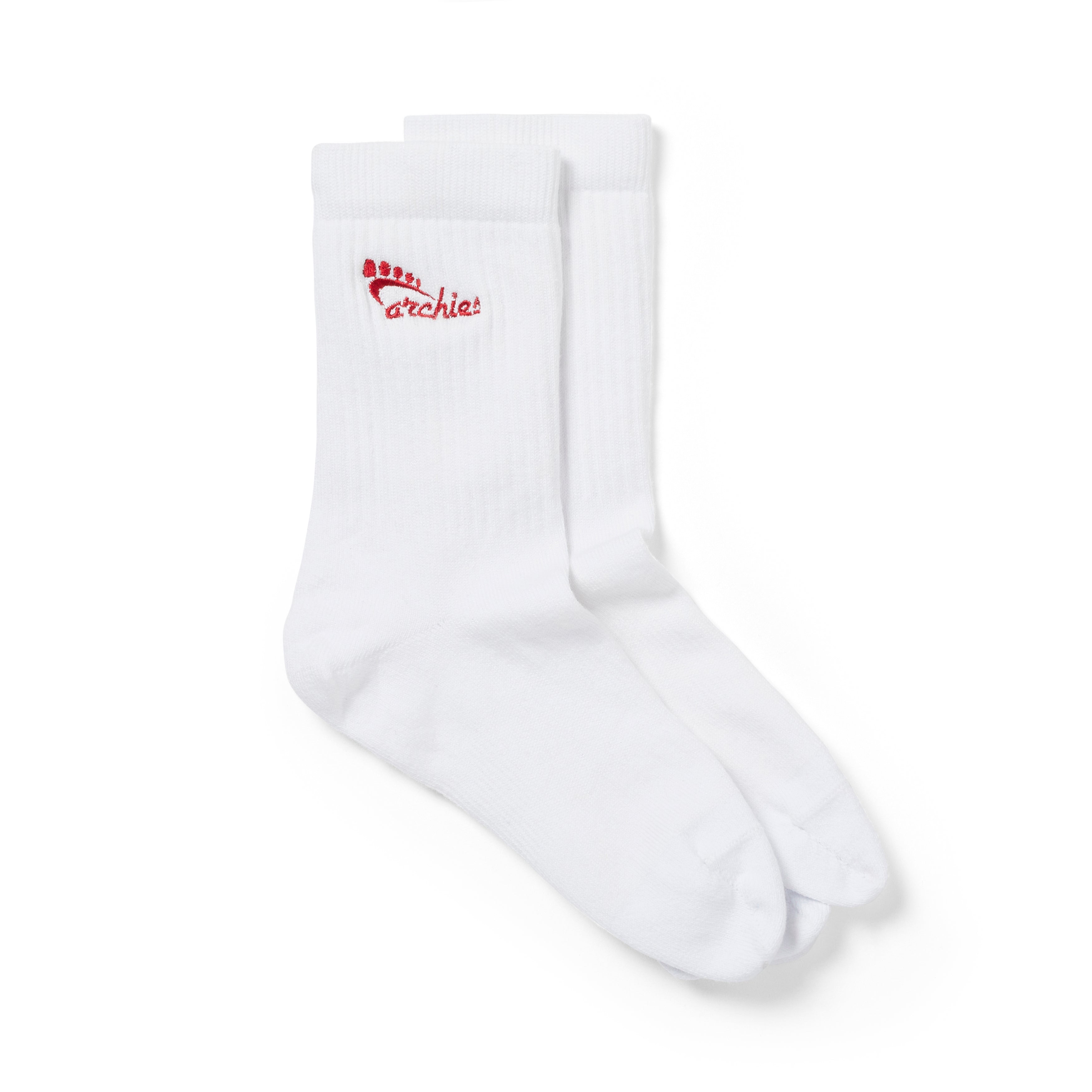 White Archies performance socks with red embroidery