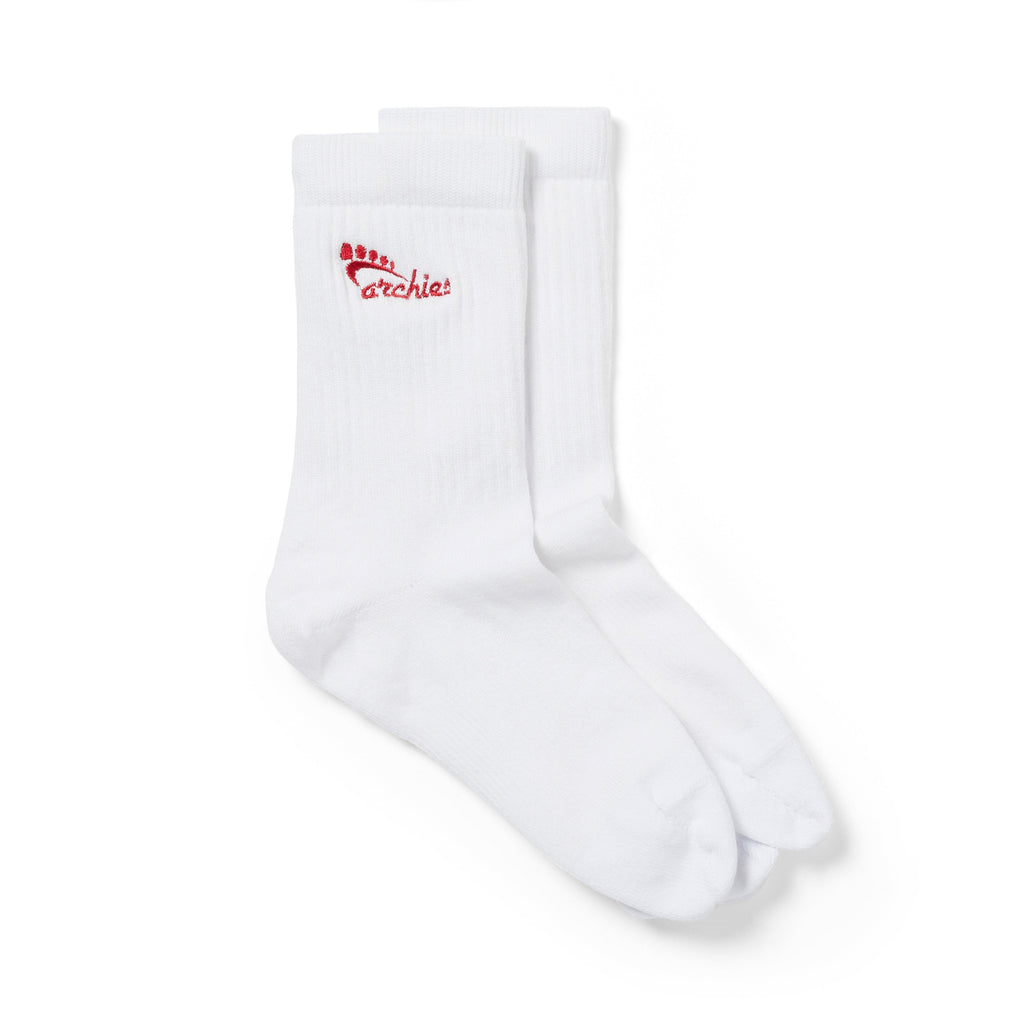 White Archies performance toe socks with red embroidery