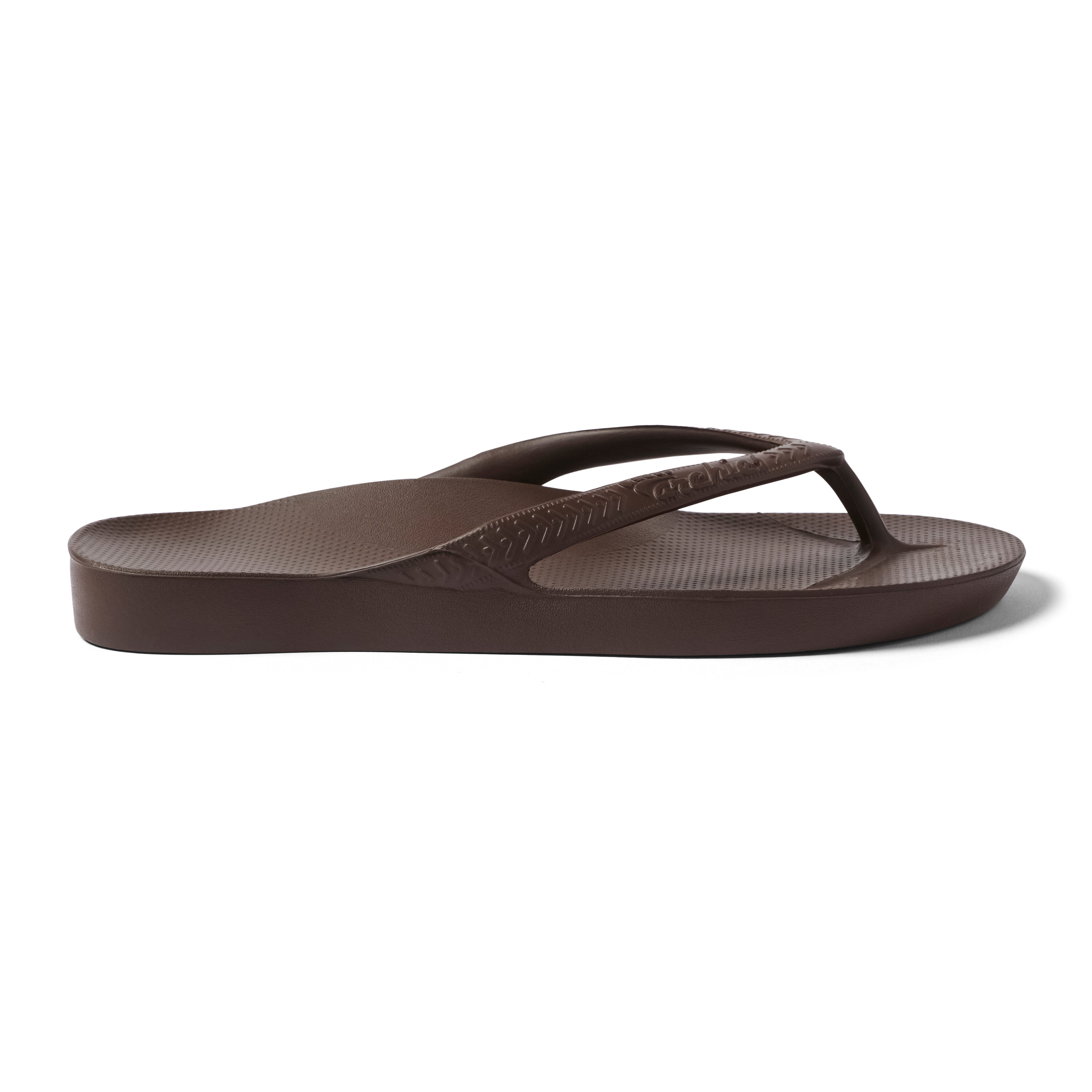 Archies Brown Arch Support Flip Flops — Side profile right shoe outside view