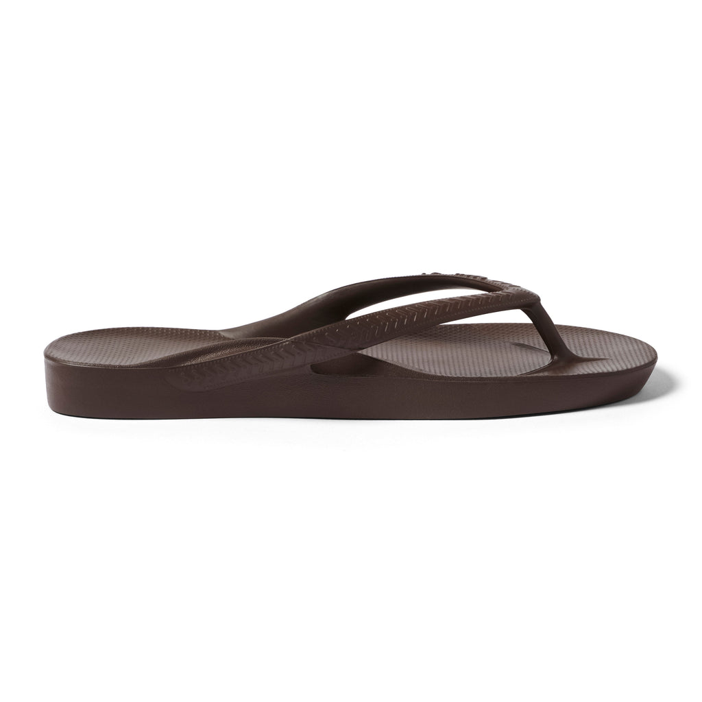 Archies Brown Arch Support Flip Flops — Side profile left shoe inside view