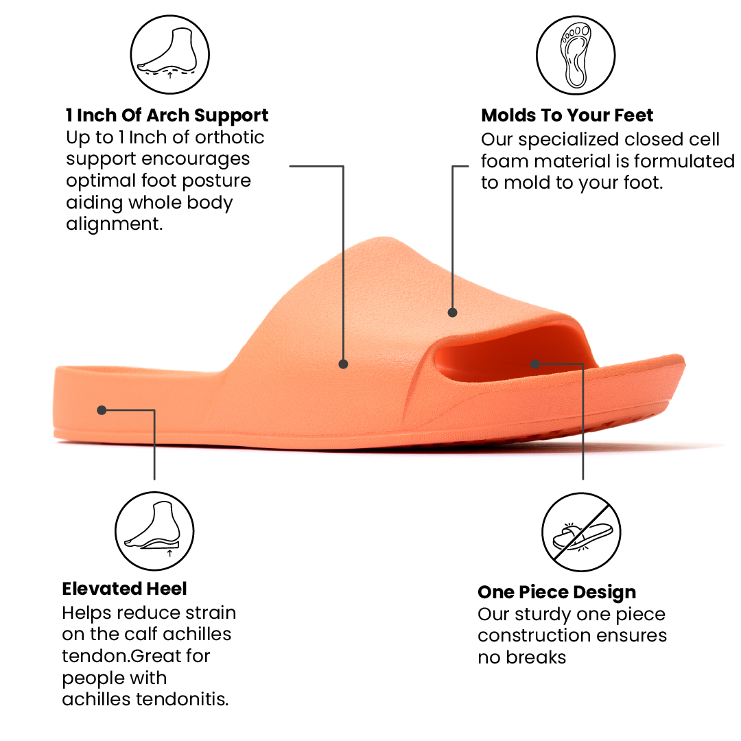 Peach Slide with text highlighting features on a white background