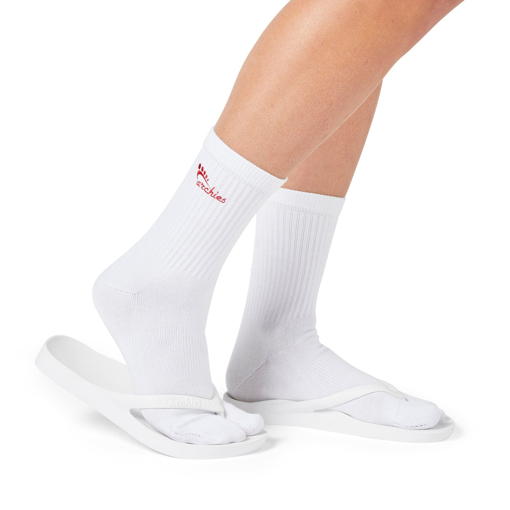 White Archies performance toe socks with red embroidery