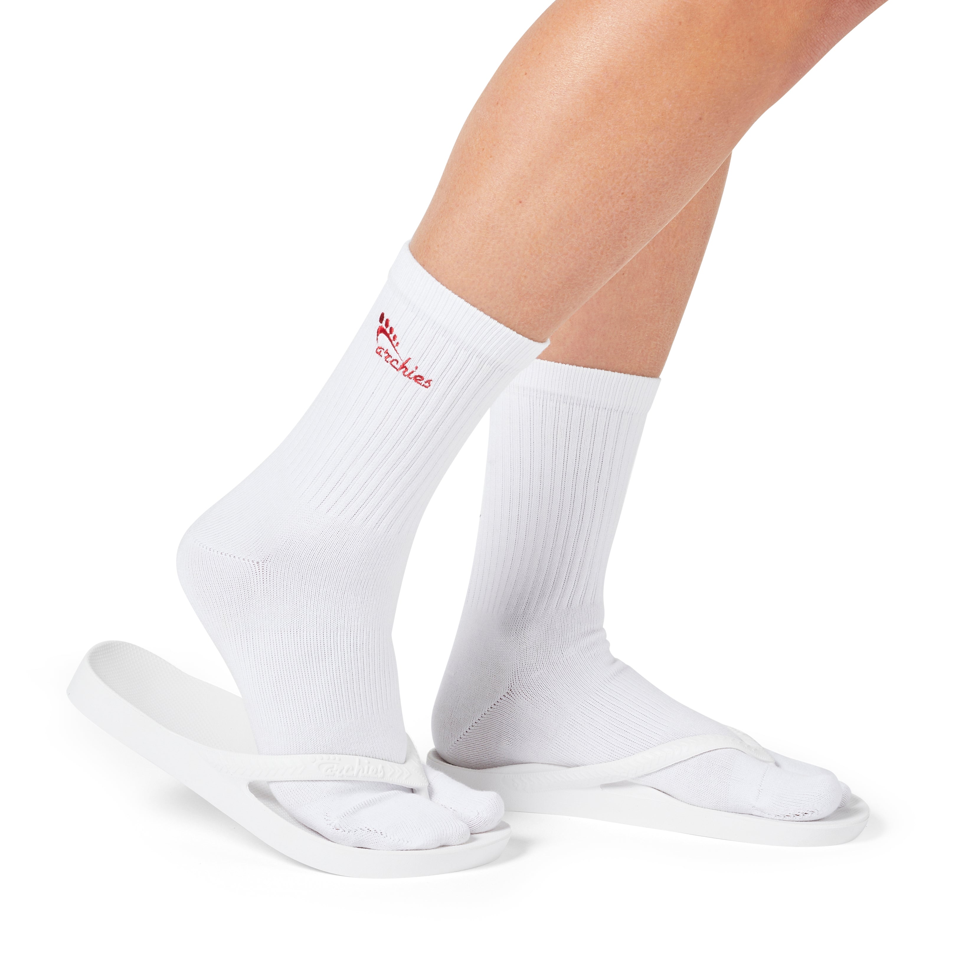 White Archies performance toe socks with red embroidery